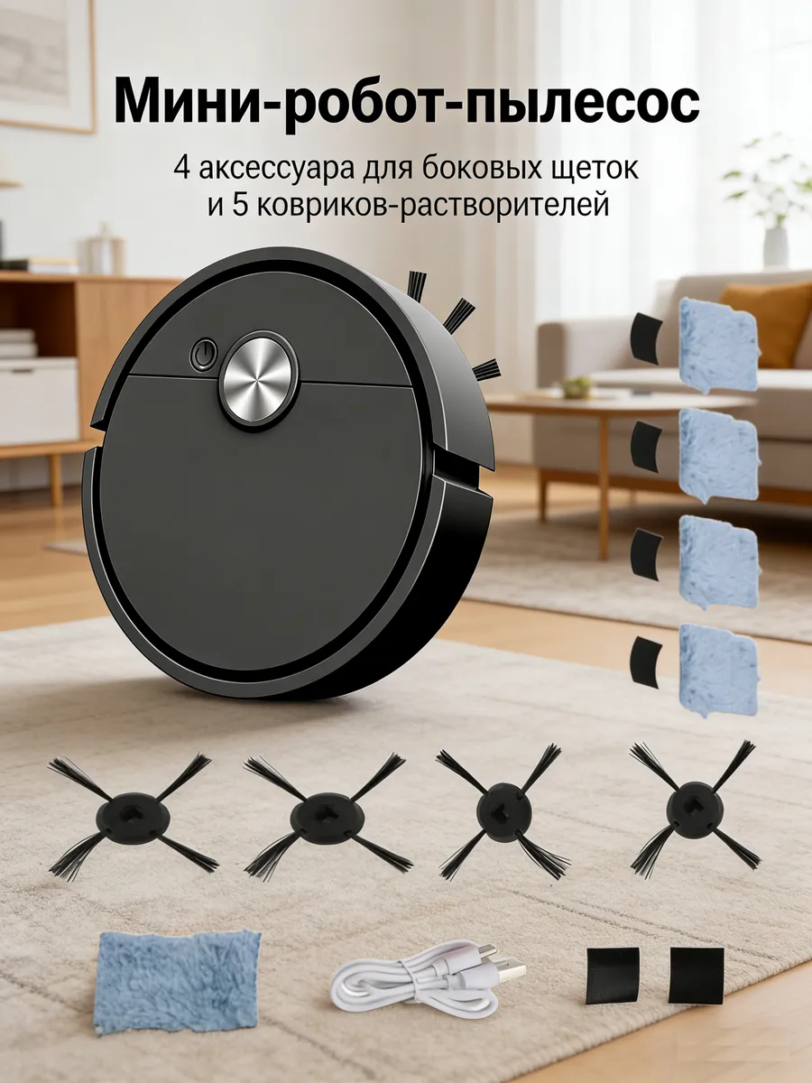3 в 1 робот-пылесос Есть 4 щетки и 5 тряпок