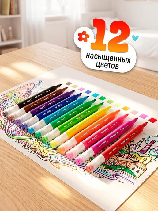 Гамма Фломастеры для рисования двусторонние 12 цв, красный, фото 2