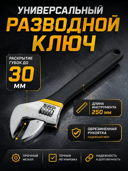 Тундра Ключ разводной 250 мм, обрезиненная ручка, черный