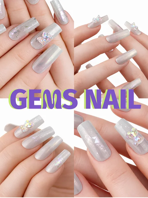Gems Nail Накладные ногти ручной работы серебристые квадрат с дизайном, серебристый, фото 2