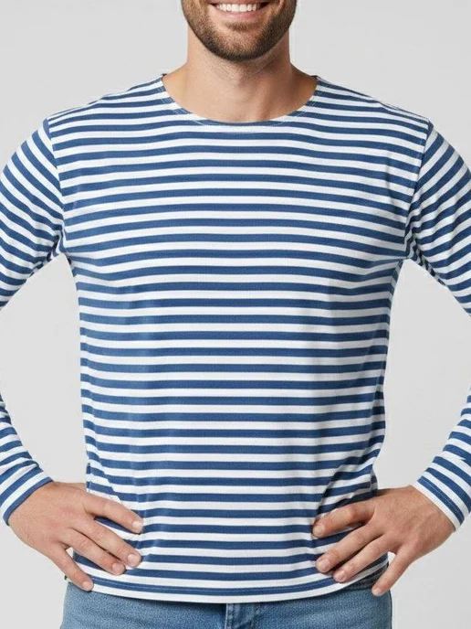 BLOSSOM MEN'S лонгслив тельняшка с начесом мужская хлопок, синий, фото 4