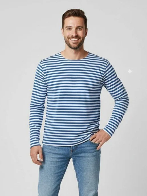 BLOSSOM MEN'S лонгслив тельняшка с начесом мужская хлопок, синий, фото 5
