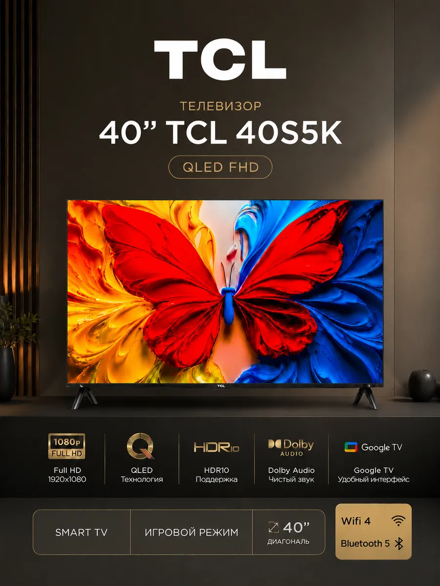 TCL Телевизор 40 диагональ 40S5K Full HD HDR10 Google TV