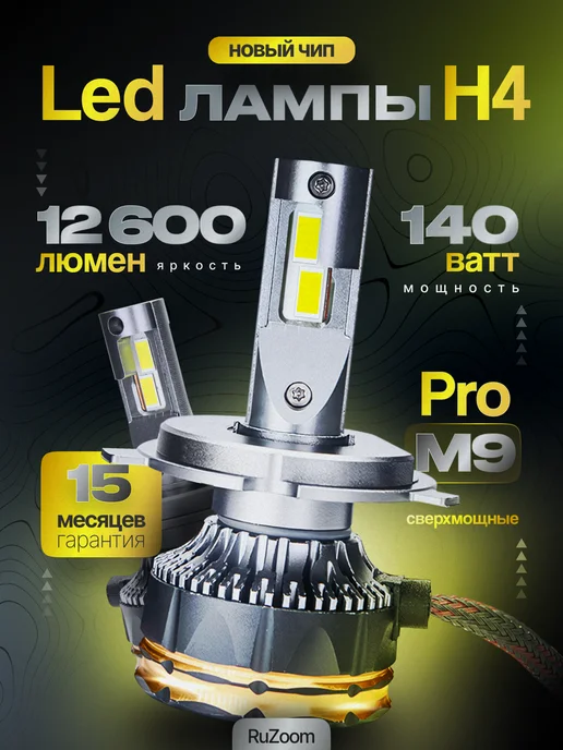 Ruzoom Лампа светодиодная M9 PRO H4 для авто, 2 шт