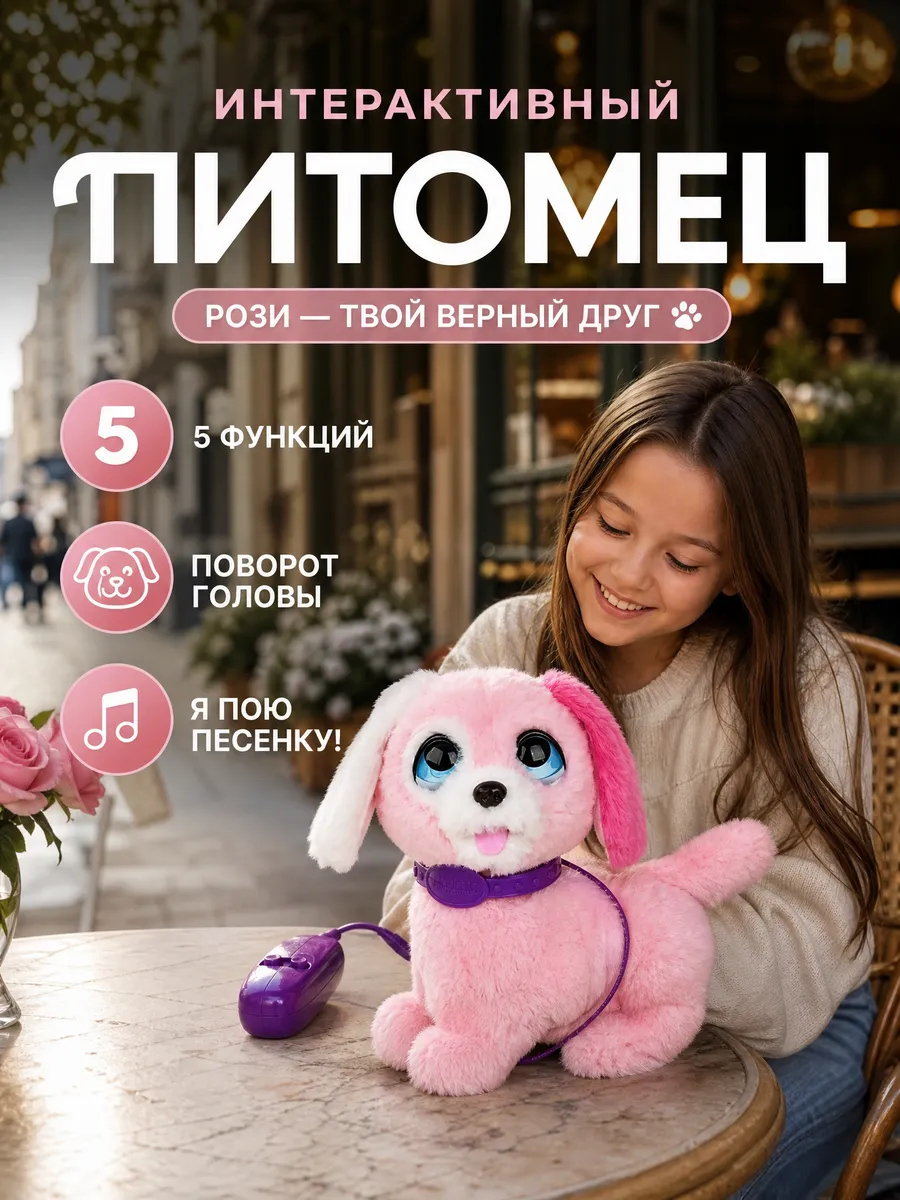 Интерактивная мягкая игрушка собачка щенок на поводке поющая