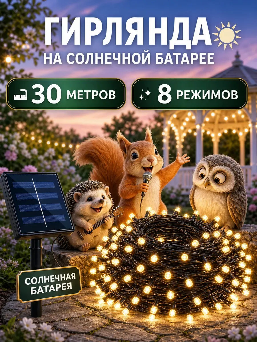Гирлянда на солнечной батарее уличная 30 м