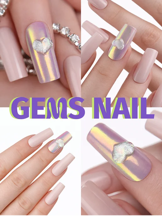 Gems Nail Накладные ногти ручной работы серебристые квадрат с дизайном, 24 шт, фото 2