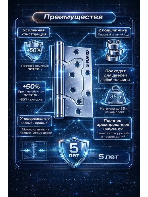 Петля "Fuaro" универсальная без врезки 100x2,5 хром - 4шт, 100x2.5, 4 шт, фото 3