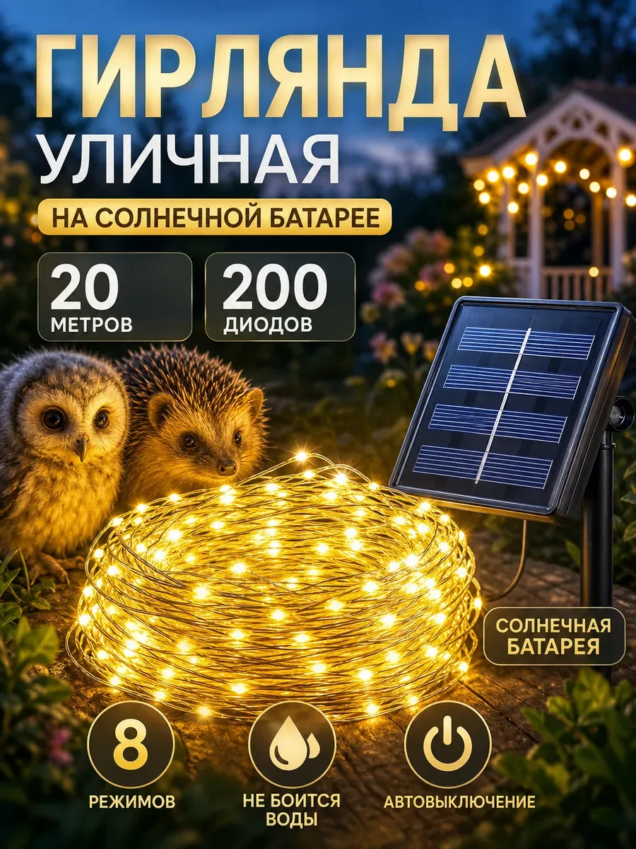 Гирлянда уличная роса на солнечной батарее 20 метров