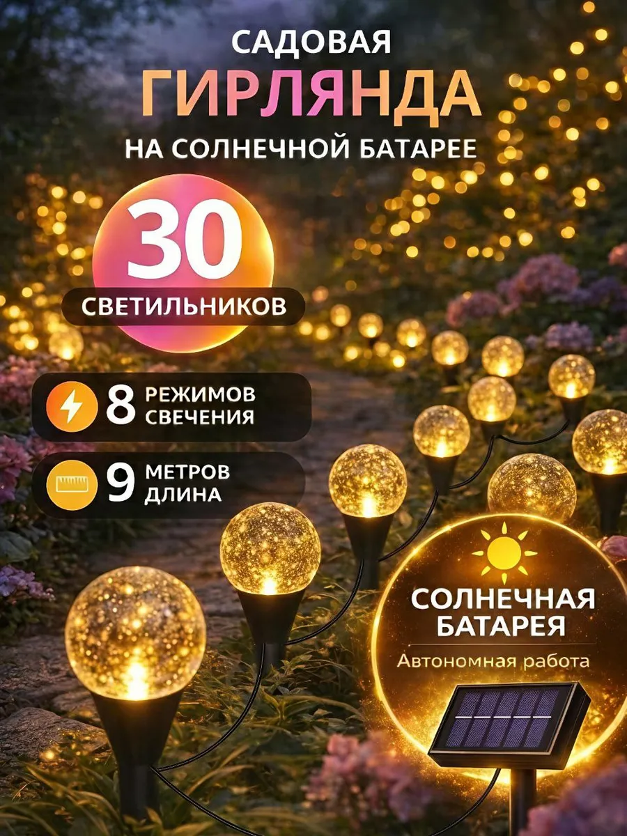 Гирлянда уличная садовая на солнечной батарее