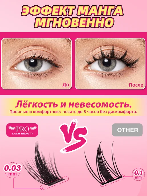 PROLASHBEAUTY Накладные ресницы пучки с клеем 8-18мм, изгиб С (Лепесток), черный, фото 7