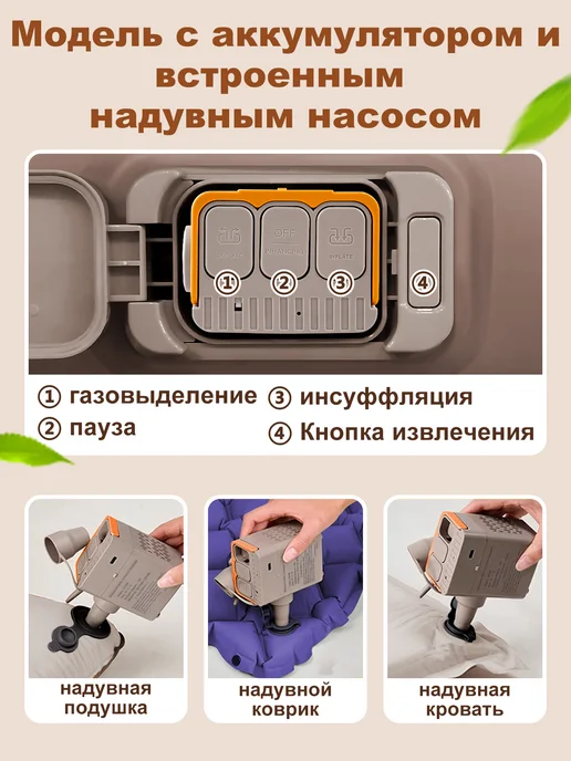hikdori Надувной матрас односпальный, с насосом и спинкой, бежевый, фото 2