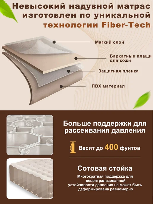 hikdori Надувной матрас односпальный, с насосом и спинкой, бежевый, фото 5