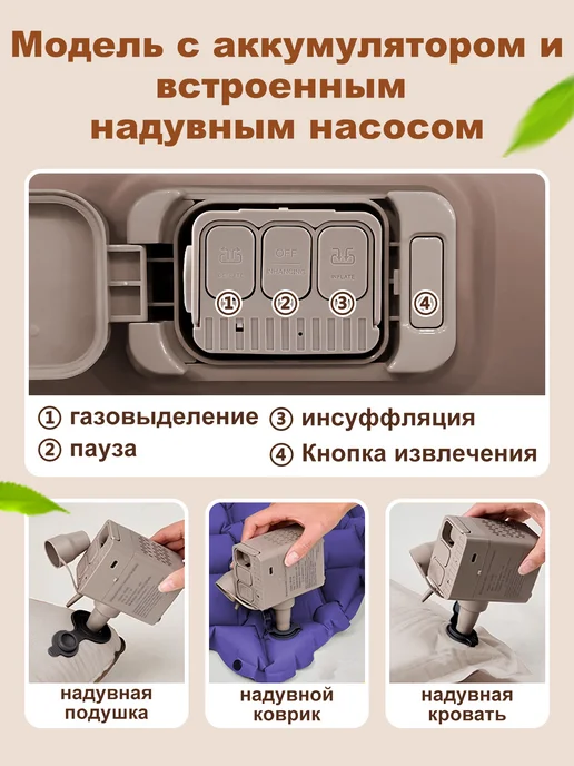 hikdori Надувной матрас двуспальный, с насосом и спинкой, бежевый, фото 2