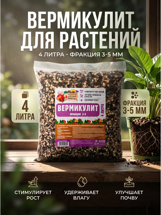 Рецепты дедушки Никиты Вермикулит для растений 4 литра фракция 3-5 мм, 4 л