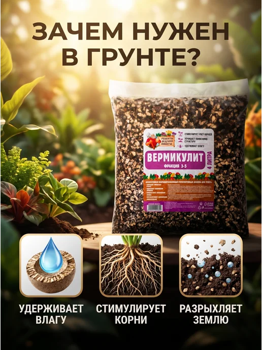 Рецепты дедушки Никиты Вермикулит для растений 4 литра фракция 3-5 мм, 4 л, фото 2