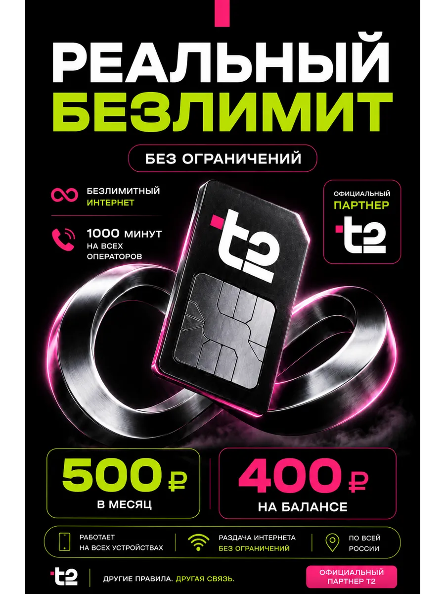 Сим карта Теле2 с балансом 400 ₽ + безлимитный интернет
