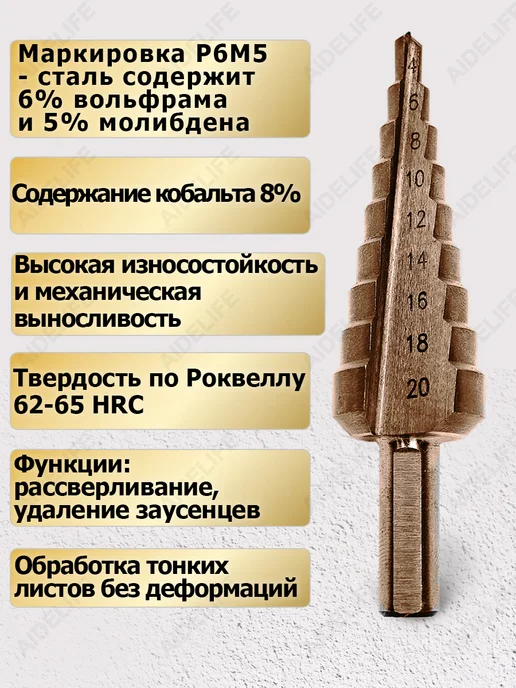 AideLife Сверло ступенчатое по металлу 4-20, вариант, фото 4