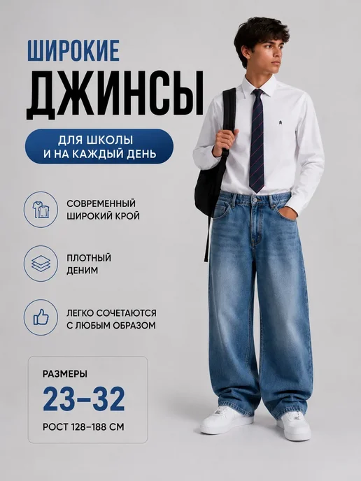 Подростковые джинсы багги на резинке, синий, фото 2
