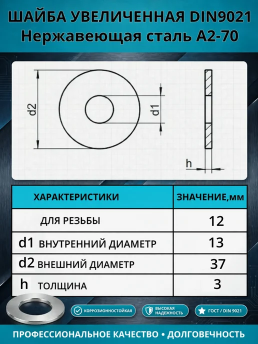 Шайба Нержавеющая увеличен А2 кузовная DIN9021 М12 10шт, 4 шт, фото 2