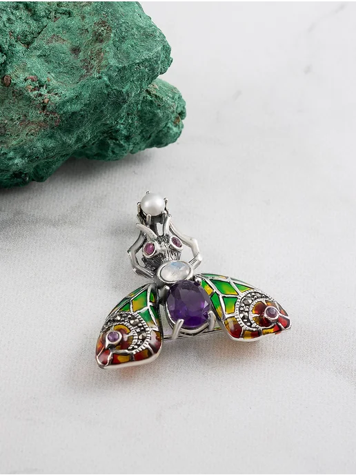 Milana silver Брошь серебро с аметистом, жемчугом, лунным камнем, серебристый, фото 2