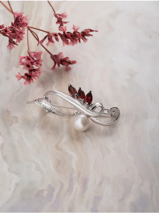 Milana silver Брошь серебро с гранатом, жемчугом, серебристый, фото 2