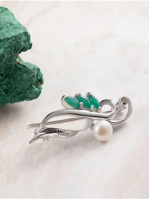 Milana silver Брошь серебро с жемчугом, хризопразом, серебристый, фото 2