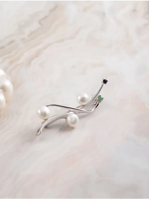 Milana silver Брошь серебро с жемчугом, изумрудом, сапфиром, серебристый, фото 2