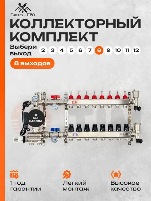 TIM Коллектор для теплого пола на 8 контуров с кранами, черный
