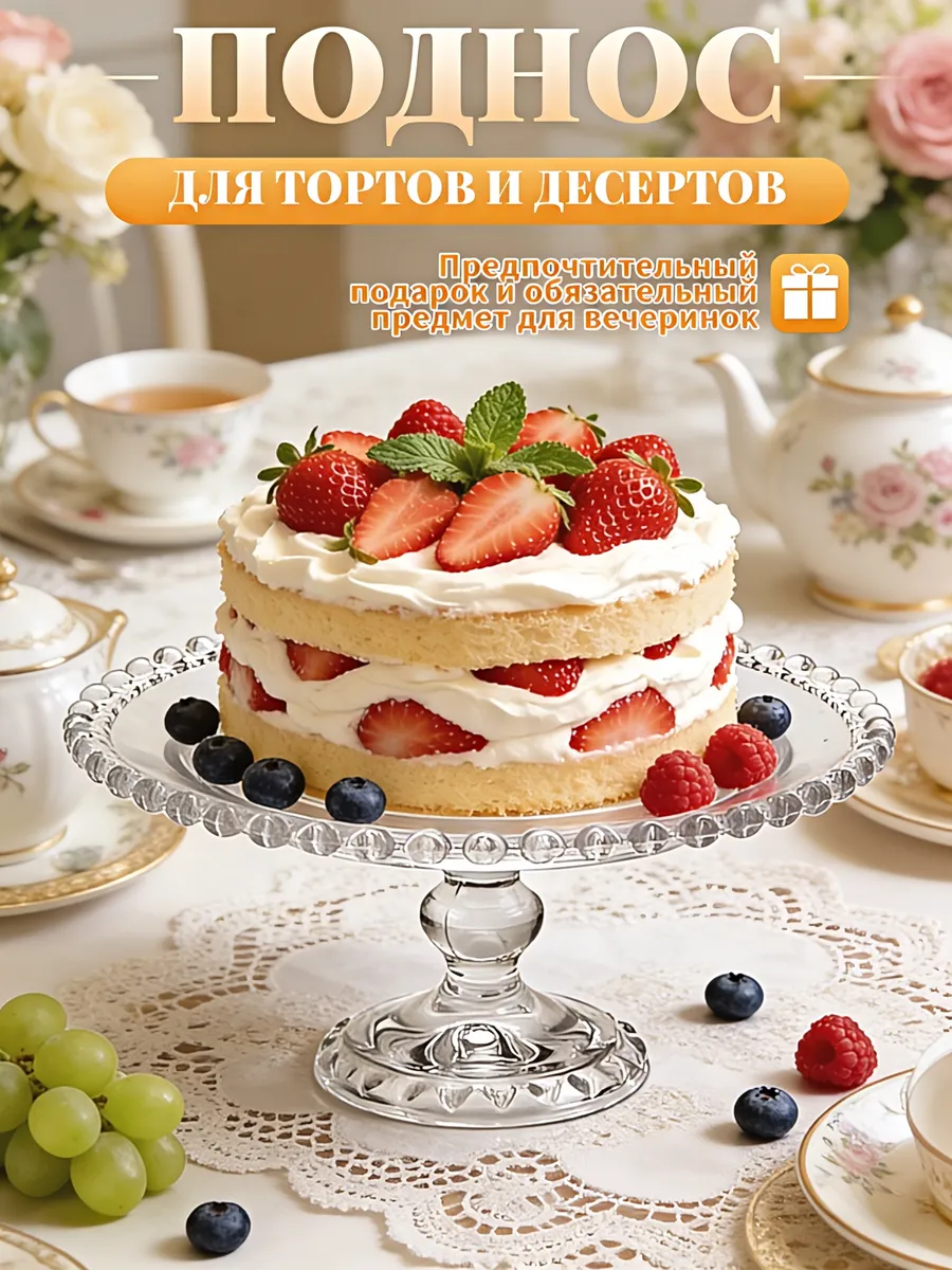 Сервировочное стеклянное блюдо тортовница 19.5 cm подарочное
