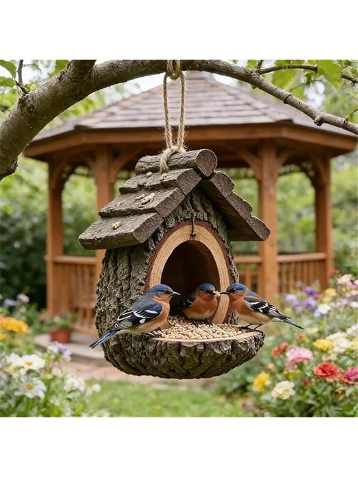 Винтажная кормушка для птиц в форме домика на дереве, вариант, фото 4