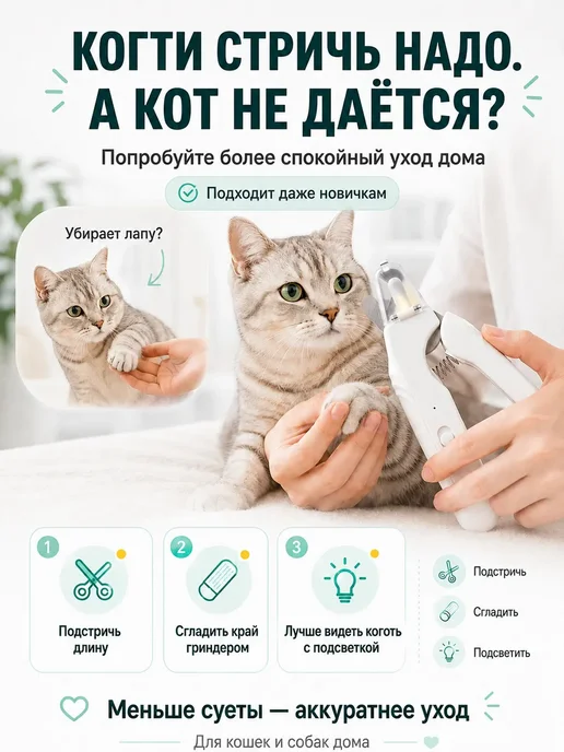 Когтерезка для кошек собак гриндер для когтей электрический, белый, фото 2