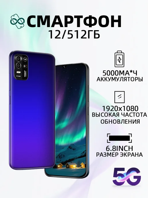 Смартфон YFQTXLW 1 6/512 ГБ, синий