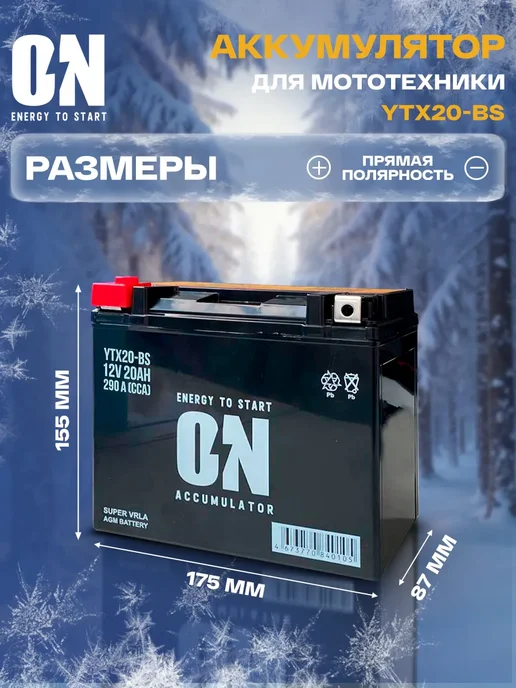 ON energy to start Аккумулятор для снегохода Arctic Cat Bearcat 570 YTX20-BS, вариант, фото 2