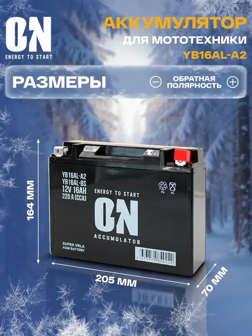 ON energy to start Аккумулятор для снегохода Ямаха Викинг 540 YB16AL-A2, вариант, фото 2
