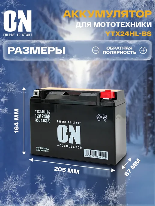 ON energy to start Аккумулятор для снегохода Тайга Варяг 550 YTX24HL-BS AGM, вариант, фото 2