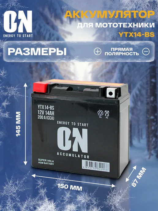 ON energy to start Аккумулятор для снегохода Ирбис Тунгус YTX14-BS AGM 12В 14Ач, вариант, фото 2