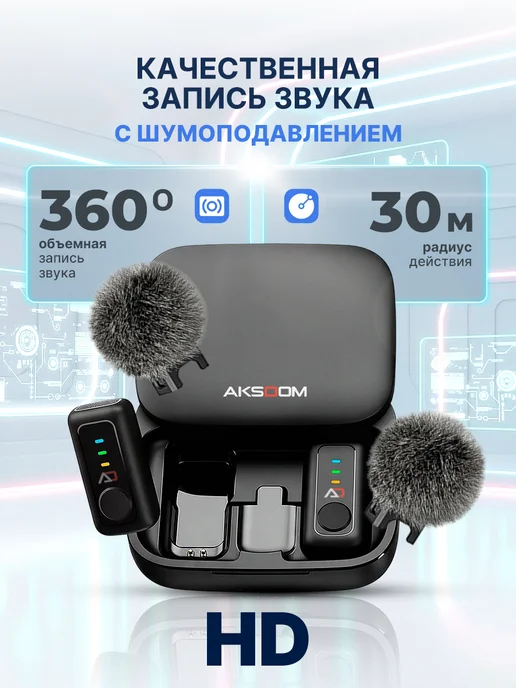 Aksdom Микрофон петличный беспроводной для Android и IPhone 2шт, 2 шт, фото 2