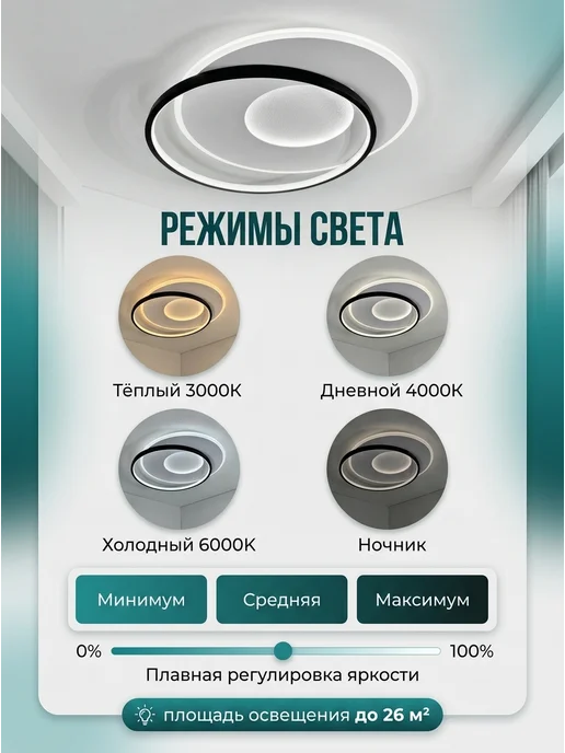 DemiLux Люстра потолочная светодиодная с пультом для спальни и зала, черный, фото 4