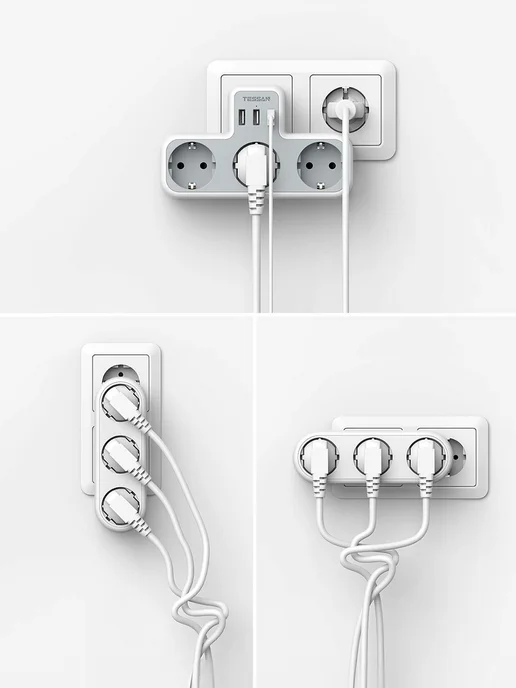 TESSAN Тройник для розетки формы с 3 разъемами, 3 USB-A, вариант, фото 3