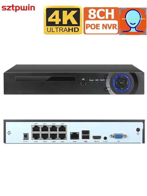sztpwin XMeye 8CH POE NVR 4K сетевой видеорегистратор Onvif, черный