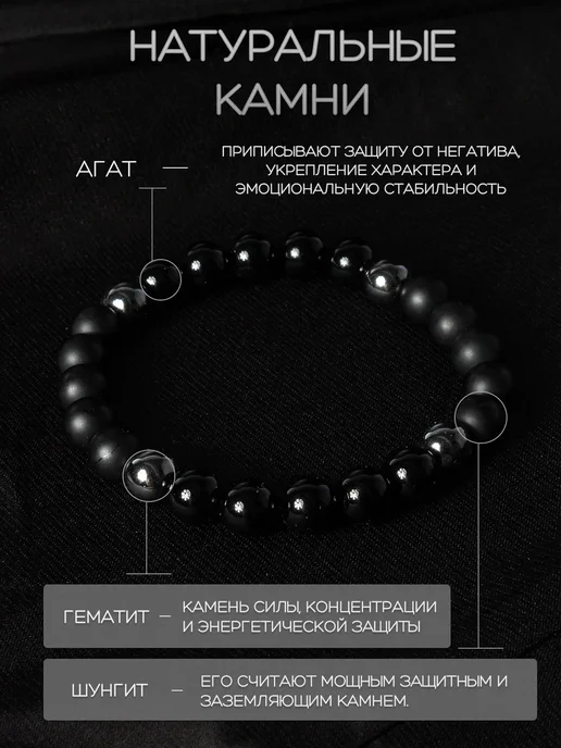 Браслет из натуральных камней мужской агат и тигровый глаз, черный, фото 2