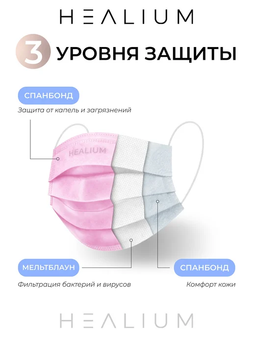HEALIUM Маска медицинская одноразовая розовая 50 шт, 50 шт, фото 3