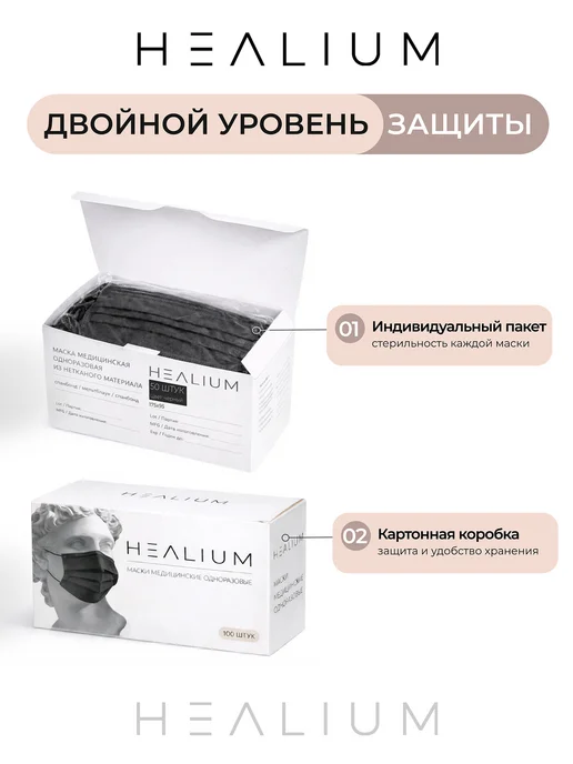 HEALIUM Маска медицинская одноразовая голубая 50 шт премиум, 50 шт, черный, фото 2