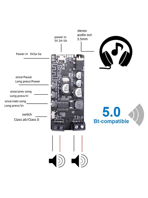 Bluetooth 5 0 Усилитель аудио стерео MP3 плеер черный, черный, фото 3