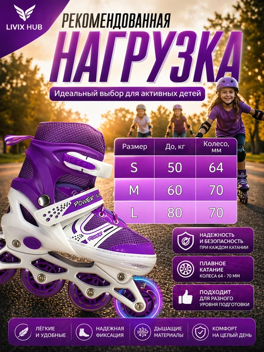Роликовые коньки детские раздвижные квады для девочки, фиолетовый, фото 2