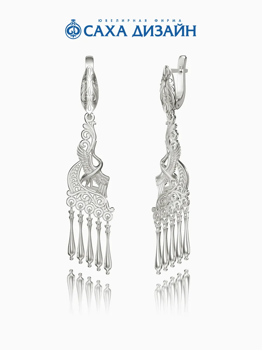 Серьги серебро 925 якутские висячие стерхи (журавли)