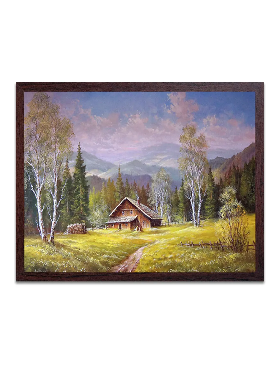 Картина в раме для декора "Домик в горах".