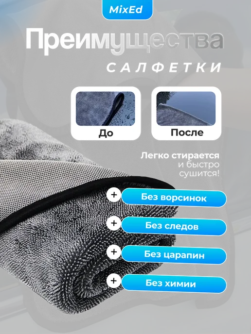 Салфетка для сушки авто микрофибра 2шт 50х60, 50x60, 2 шт, фото 3