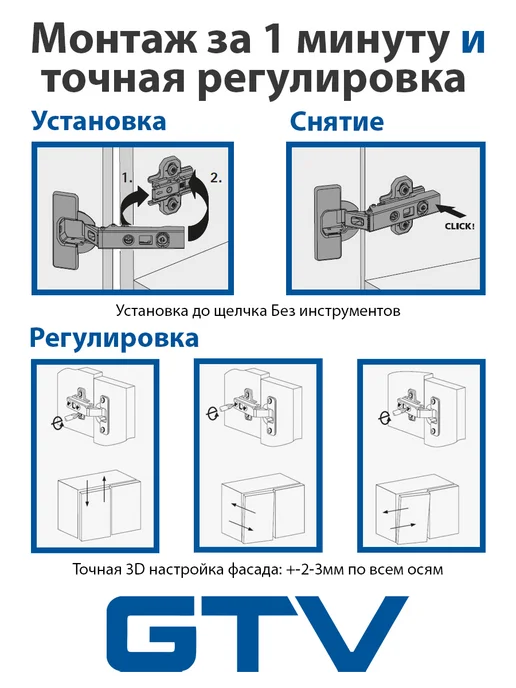 GTV Петли мебельные полунакладные с доводчиком 2шт clip-on, 2 шт, фото 4